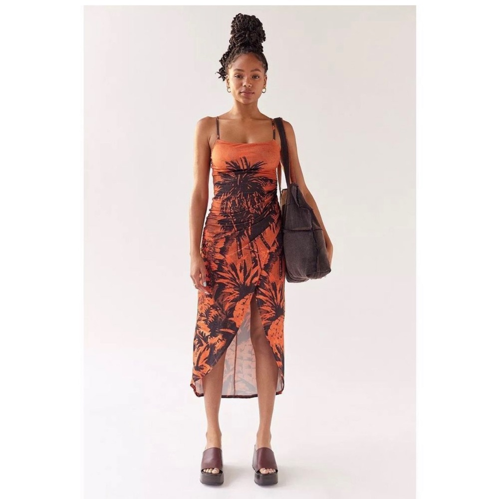 Urban Outfitters Solana Palm Tree Printed Split-Hem Midi Dress tropical resort